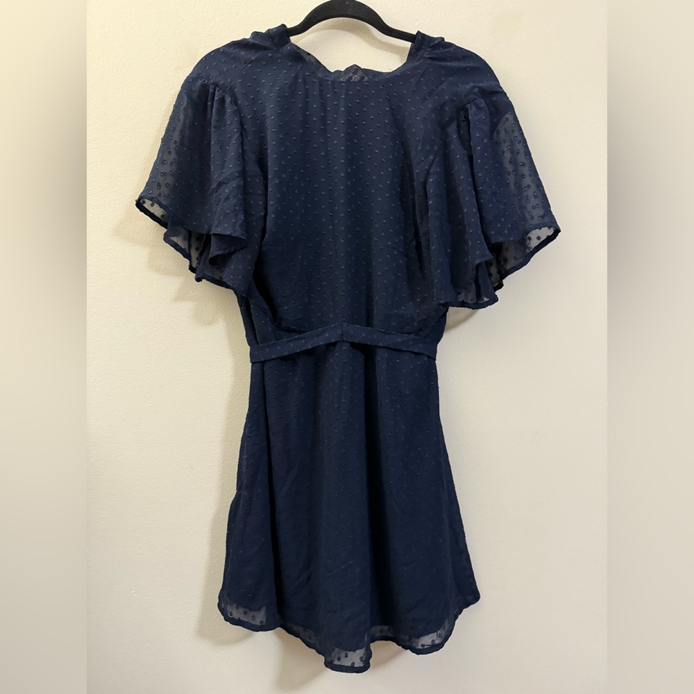 Bishop & Young Anthropologie Navy Blue Flutter Sleeve Swiss Dot  Mini Dress - XS